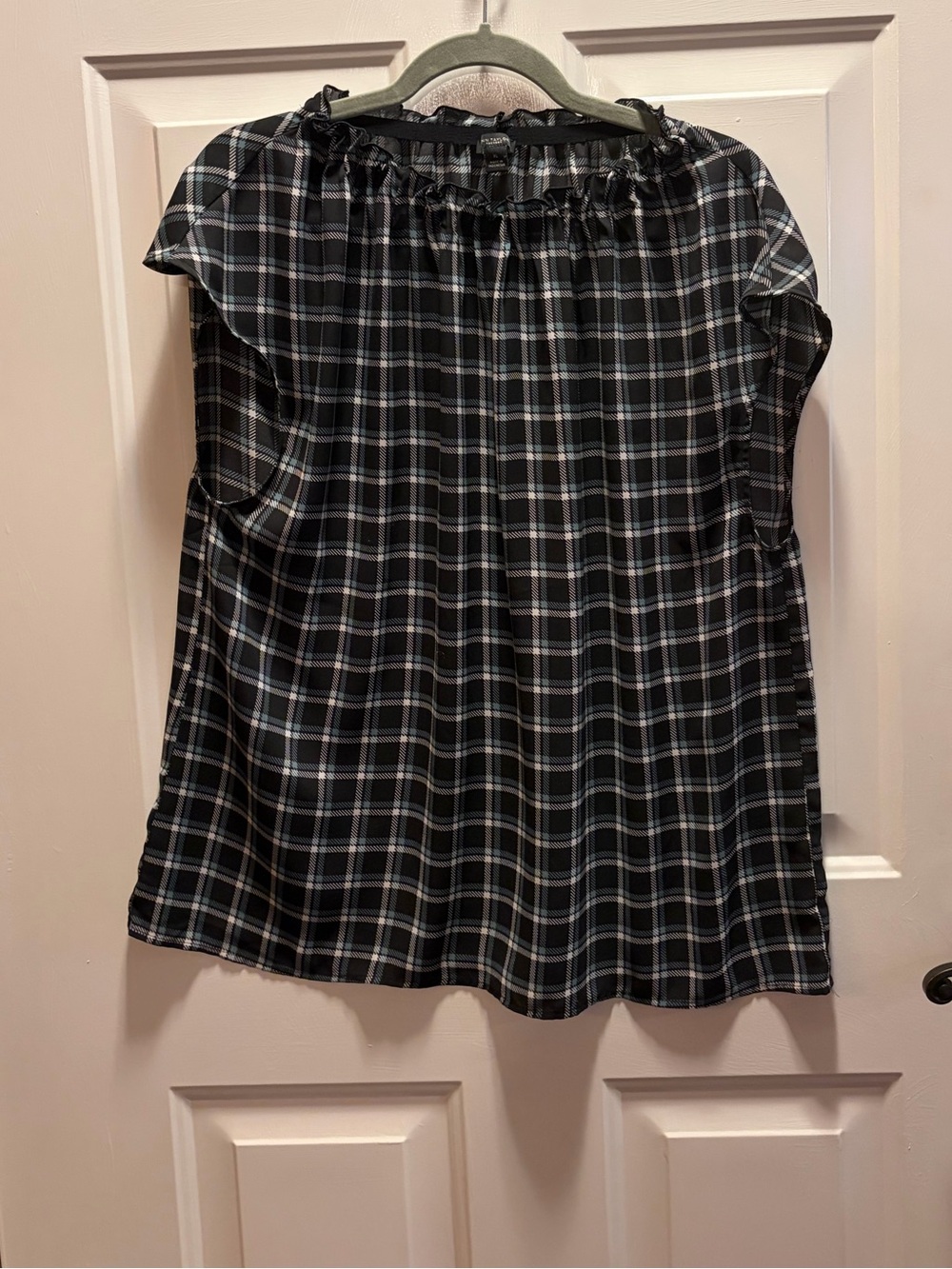 Ann Taylor Factory Black & White Plaid Ruffle Neck Blouse